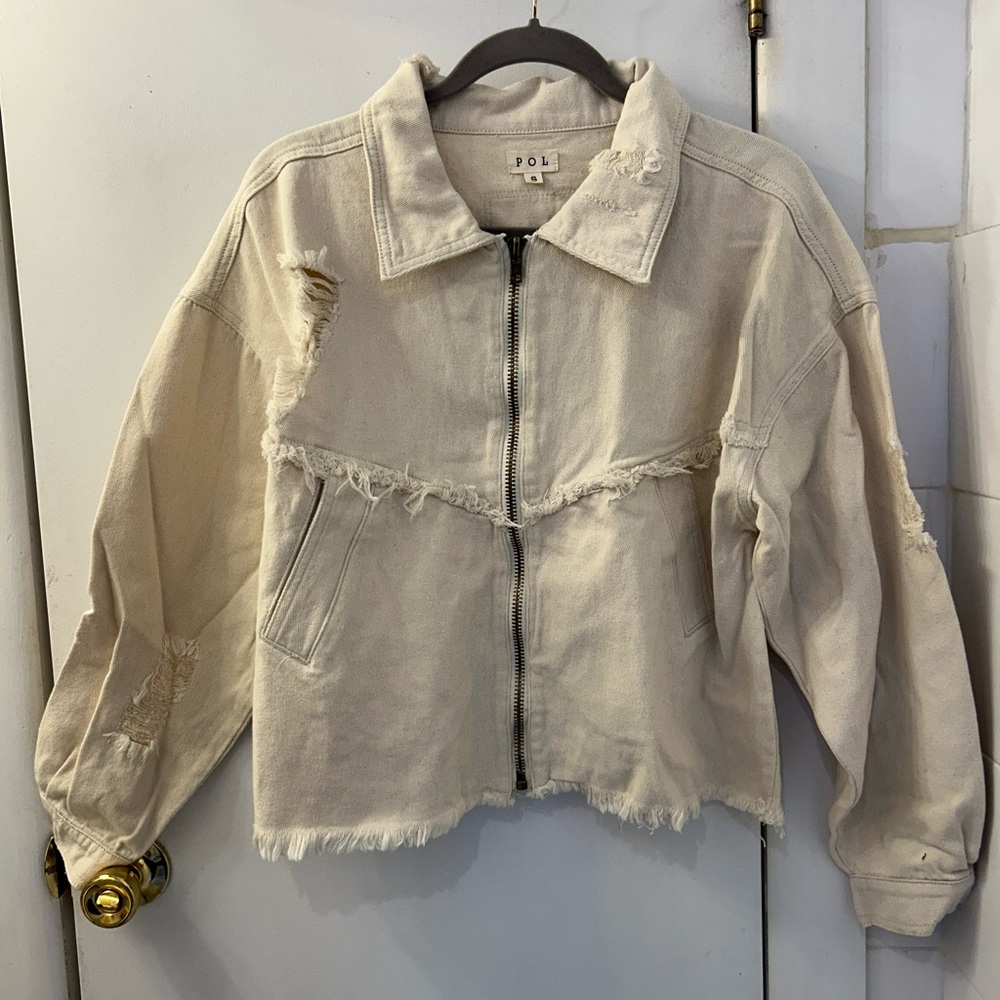 POL Beige Distressed Jean Jacket